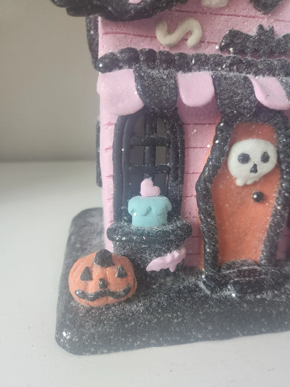 Pink & Black Light Up Halloween Haunted Gingerbread House Figuine